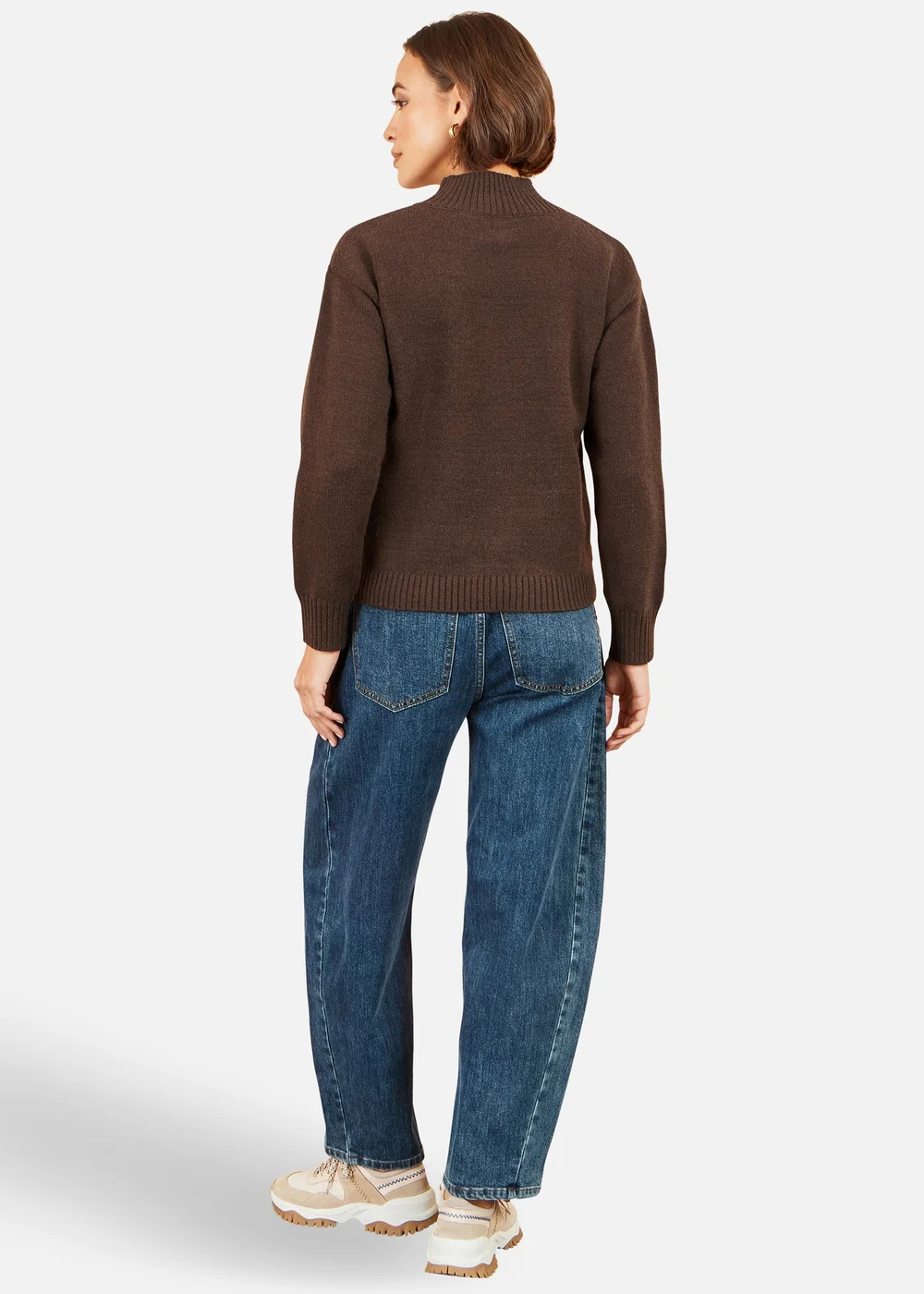 Yumi Brown Knitted High Neck Jumper With Applique Flowers - S Image 2