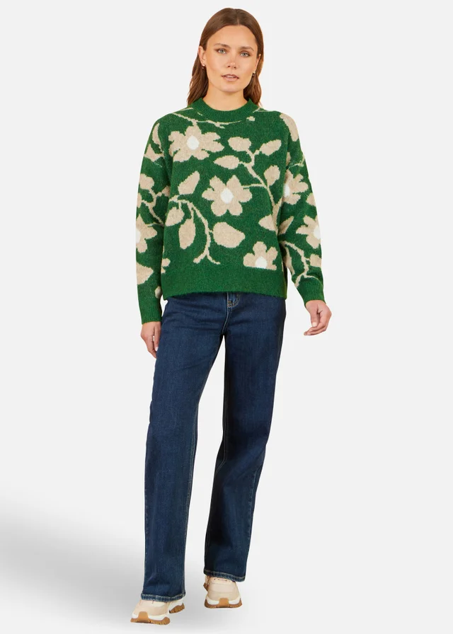 Yumi Green Floral Intarsia Relaxed Fit Jumper