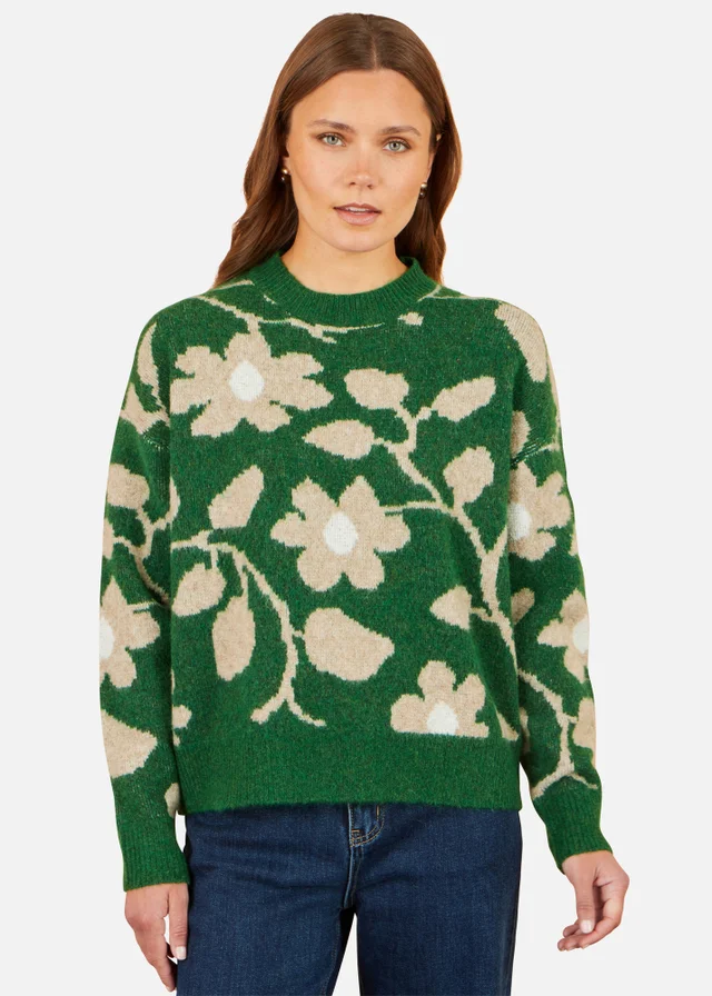 Yumi Green Floral Intarsia Relaxed Fit Jumper
