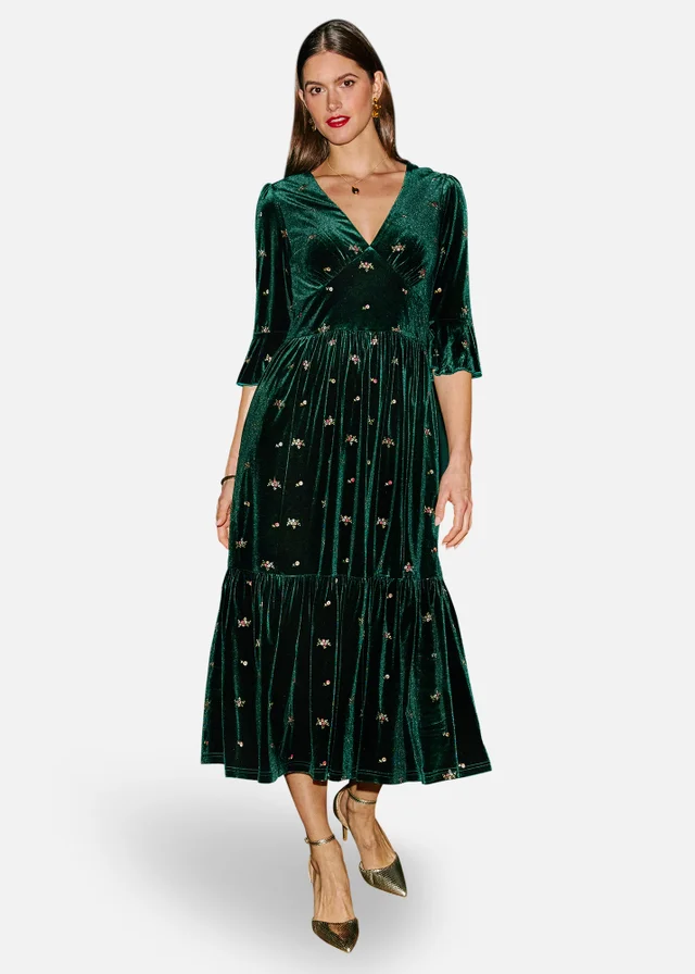 Yumi Green Velvet Embroidered Midi Dress
