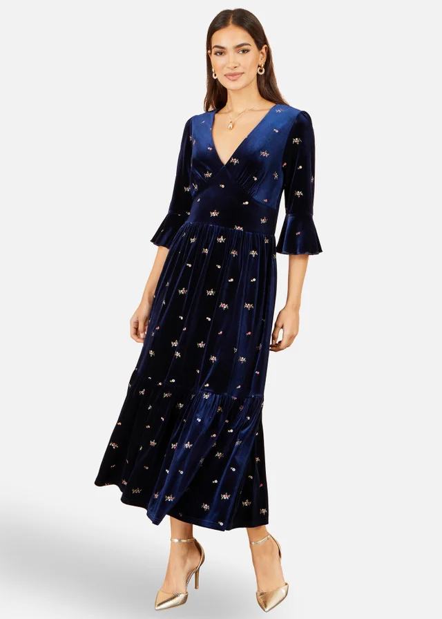 Yumi Navy Velvet Embroidered Midi Dress