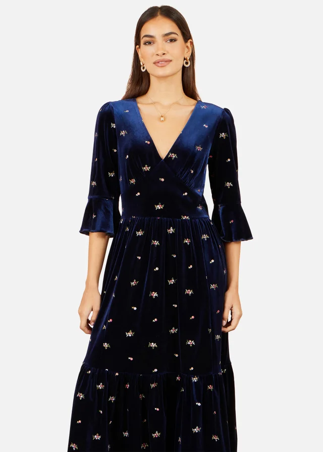 Yumi Navy Velvet Embroidered Midi Dress