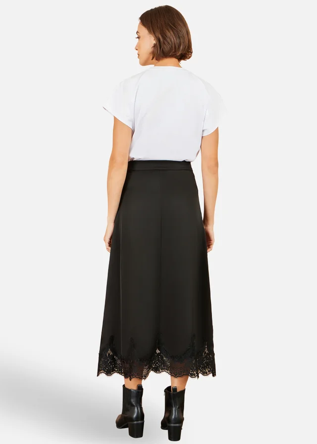 Yumi Black Satin Midi Skirt With Lace Trims