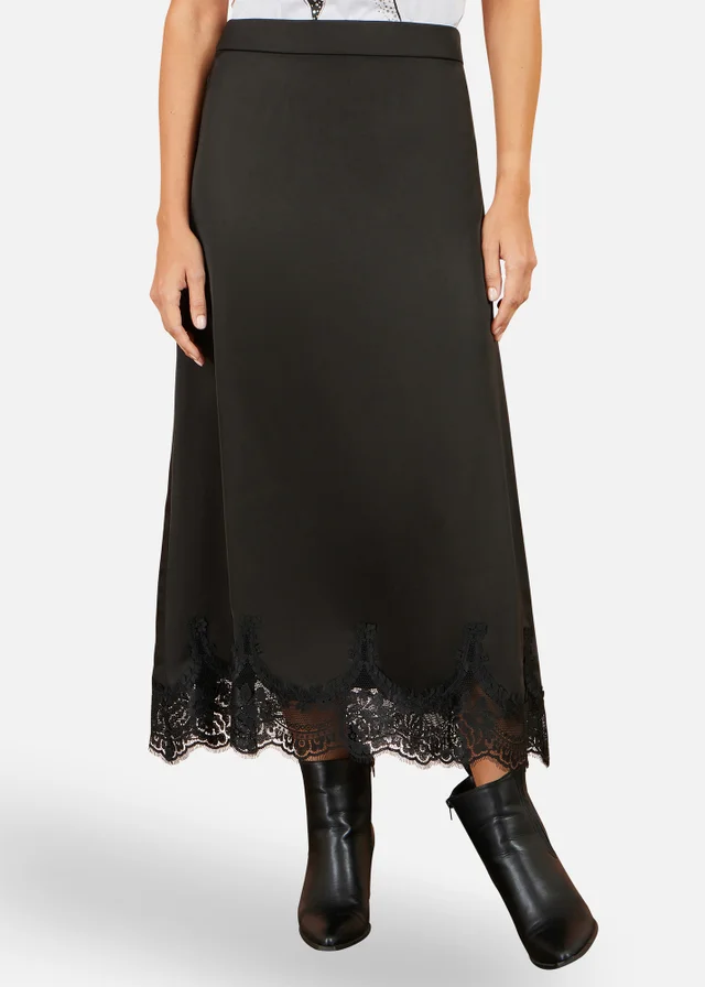 Yumi Black Satin Midi Skirt With Lace Trims