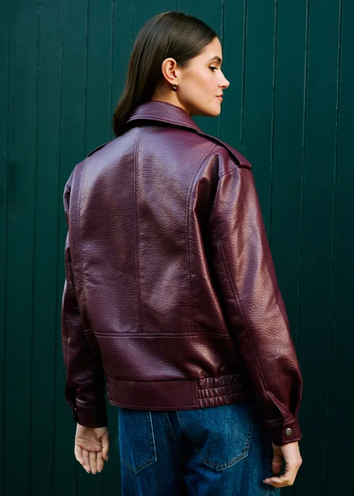 Yumi Burgundy Faux Leather Bomber Jacket - 14 Image 5