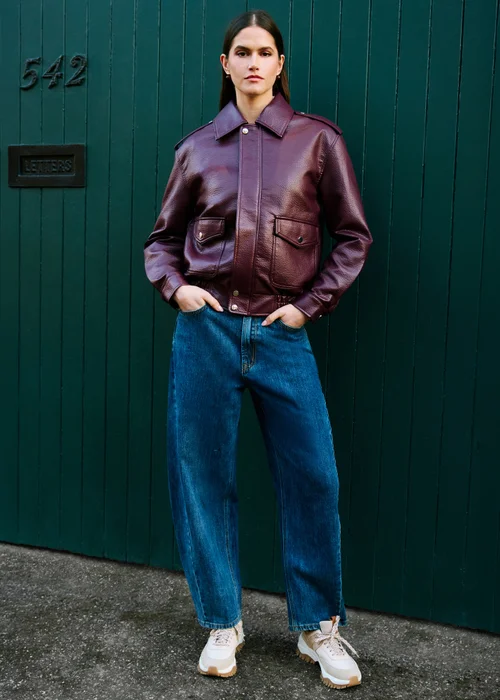 Yumi Burgundy Faux Leather Bomber Jacket - 14 Image 2