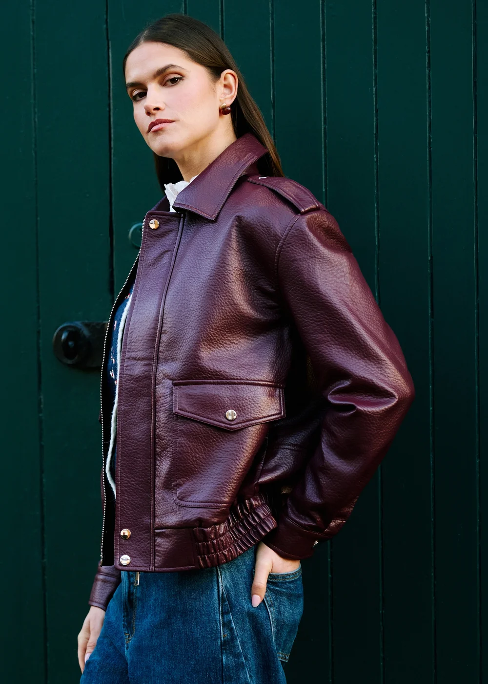 Yumi Burgundy Faux Leather Bomber Jacket - 14 Image 1