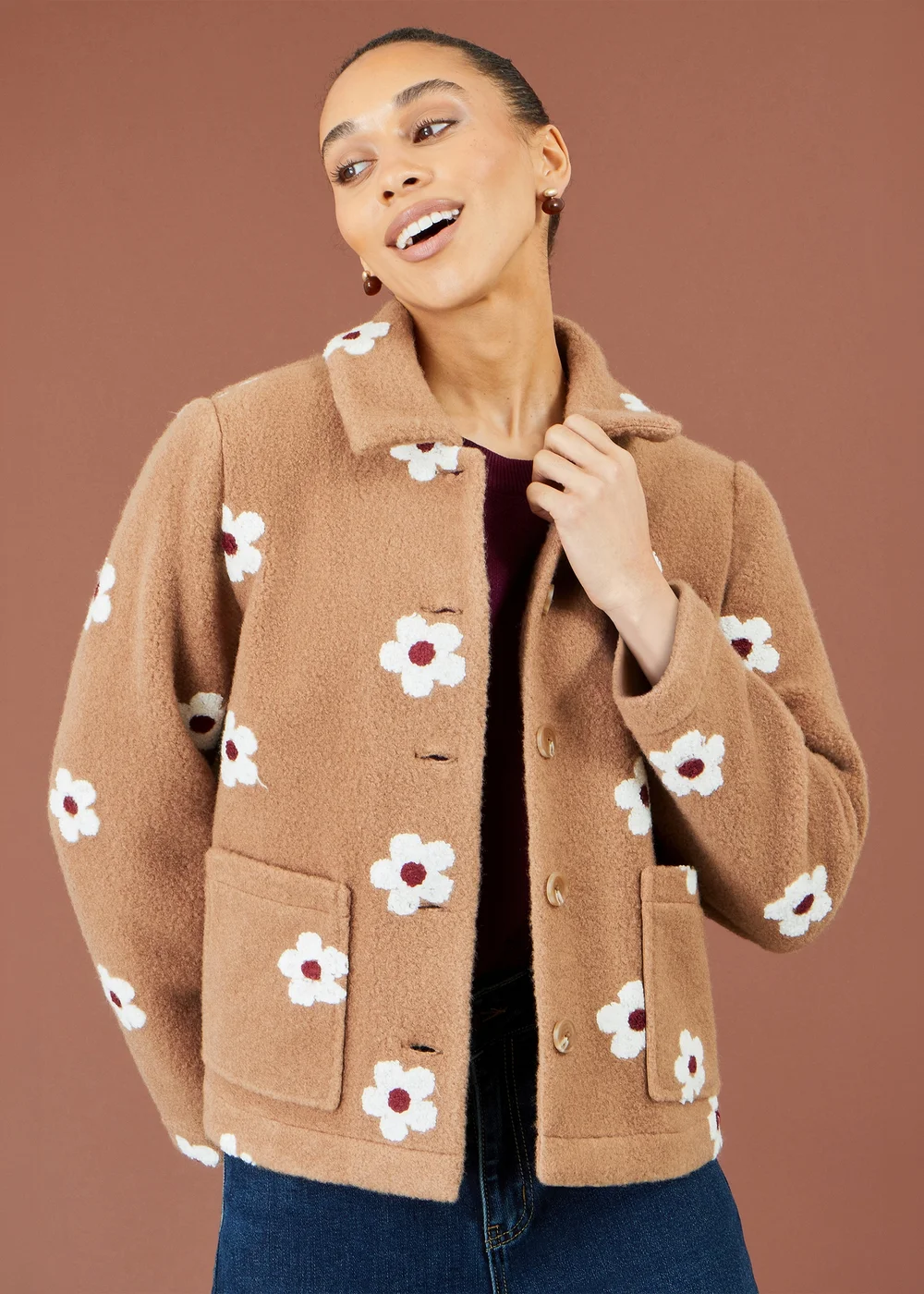 Yumi Brown Embroidered Daisy Fleece Jacket - 8 Image 1