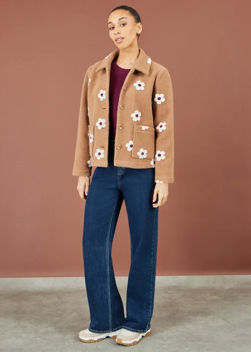 Yumi Brown Embroidered Daisy Fleece Jacket - 8 Image 2