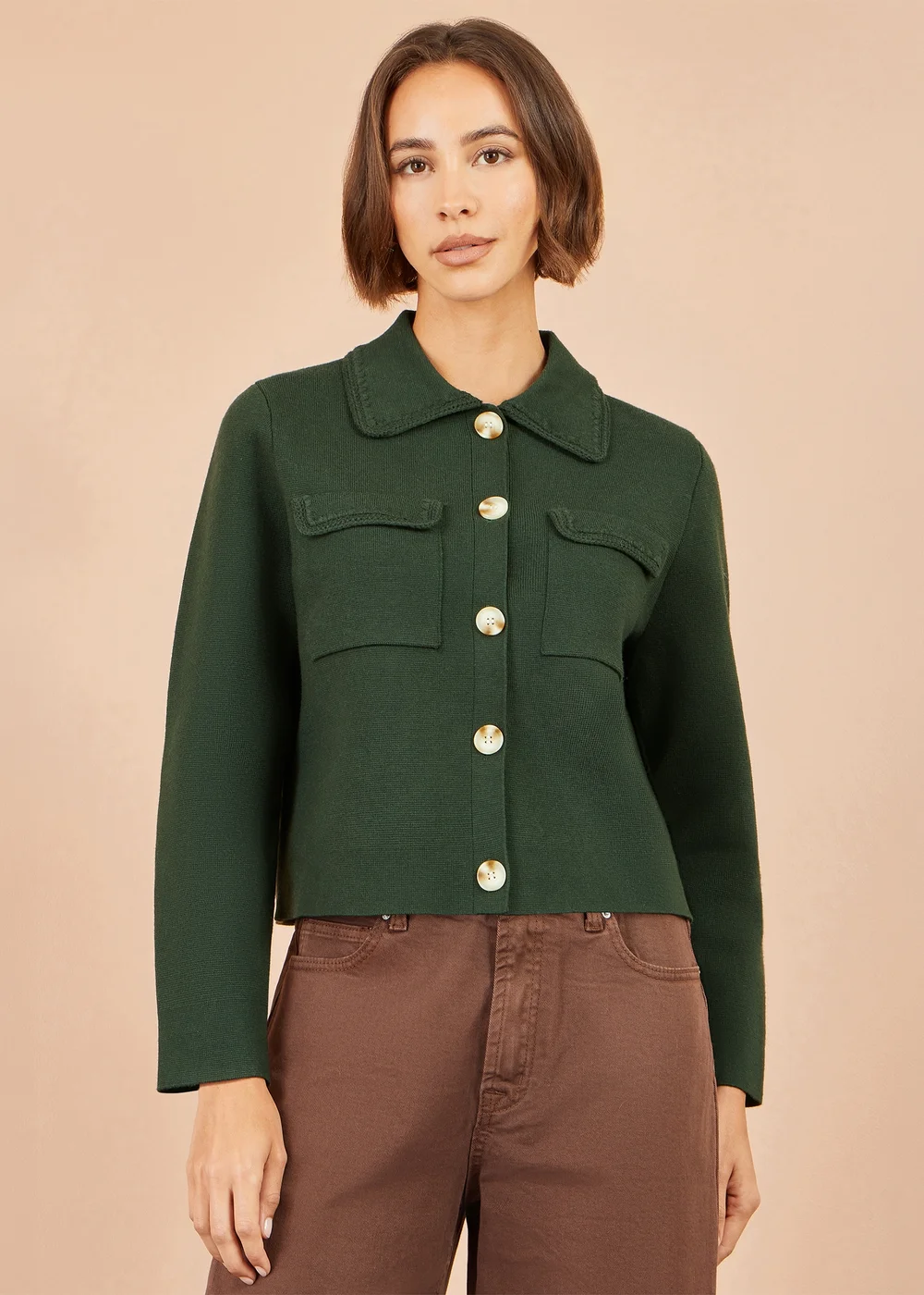 Yumi Green Knitted Box Jacket With Pockets - S Image 1