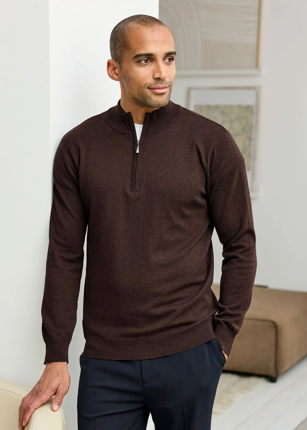 Cotton Traders Espresso Luxury Merino Half Zip Jumper - M Image 2