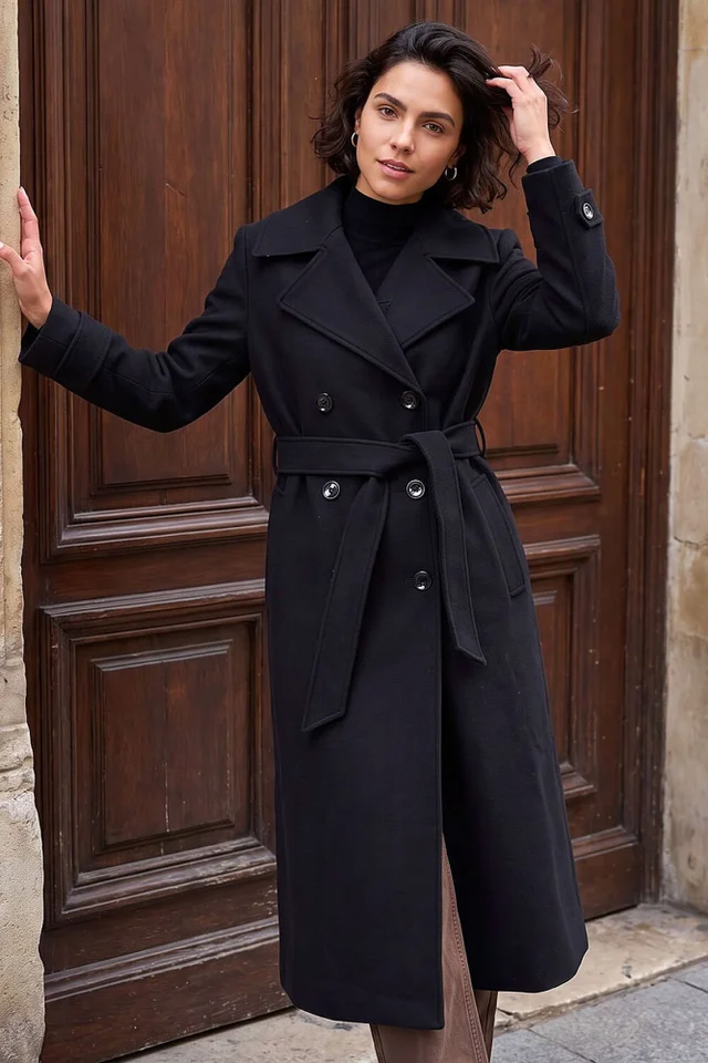 Roman Black Textured Premium Belted Smart Coat