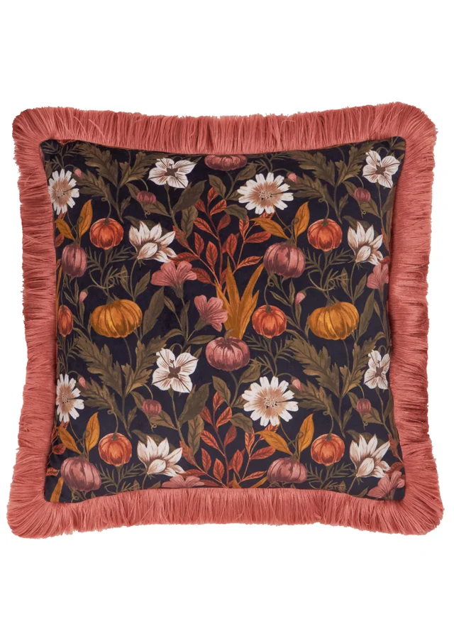 Wylder Autumn Garden 45x45 Fringed Velvet Cushion Burnished Rose/Moss