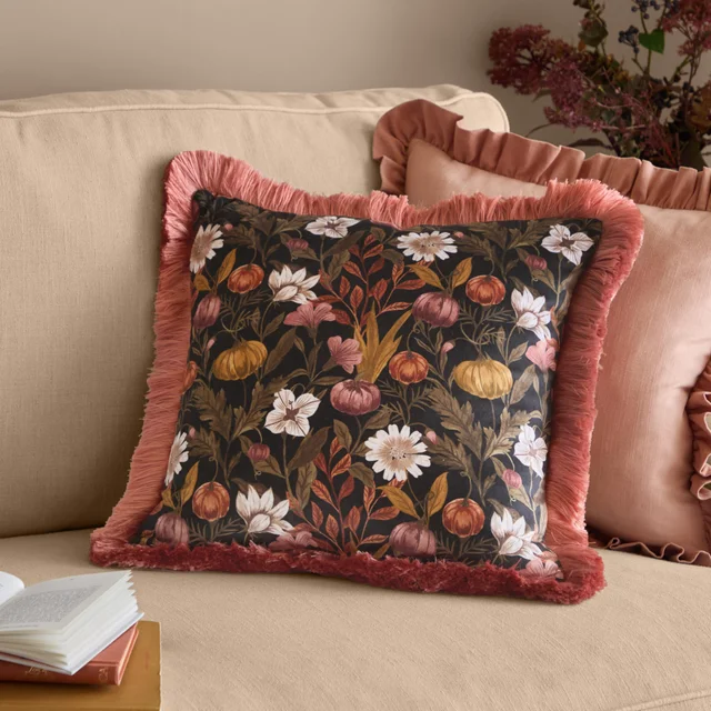 Wylder Autumn Garden 45x45 Fringed Velvet Cushion Burnished Rose/Moss
