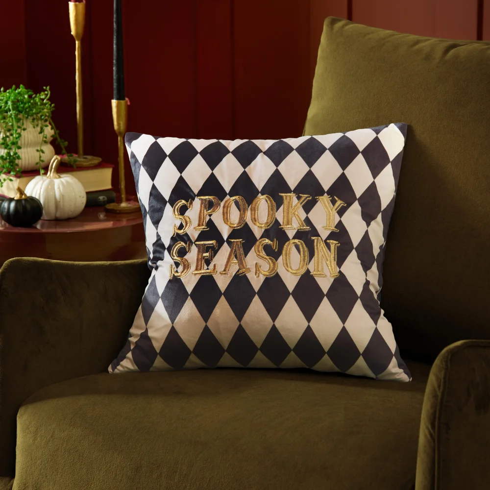 Furn Spooky Season 45x45 Velvet Halloween Cushion Gold/Mono - 45cm x 45cm Image 1