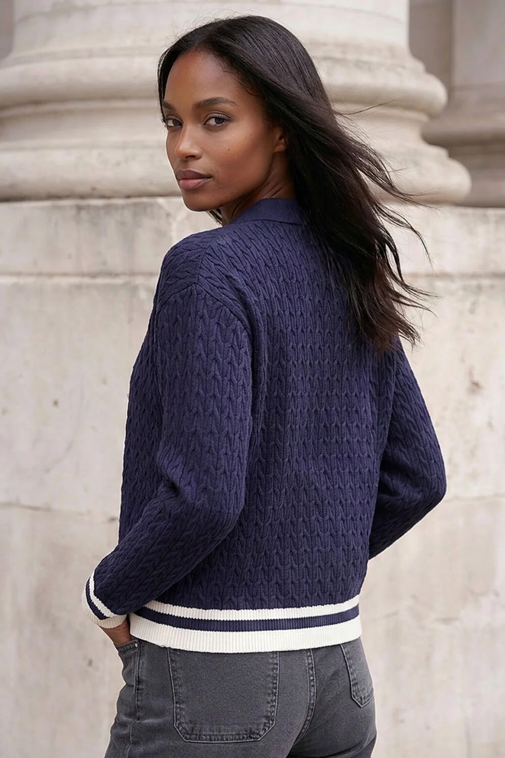 Roman Navy Cable Collared Knit Cardigan - 12 Image 2