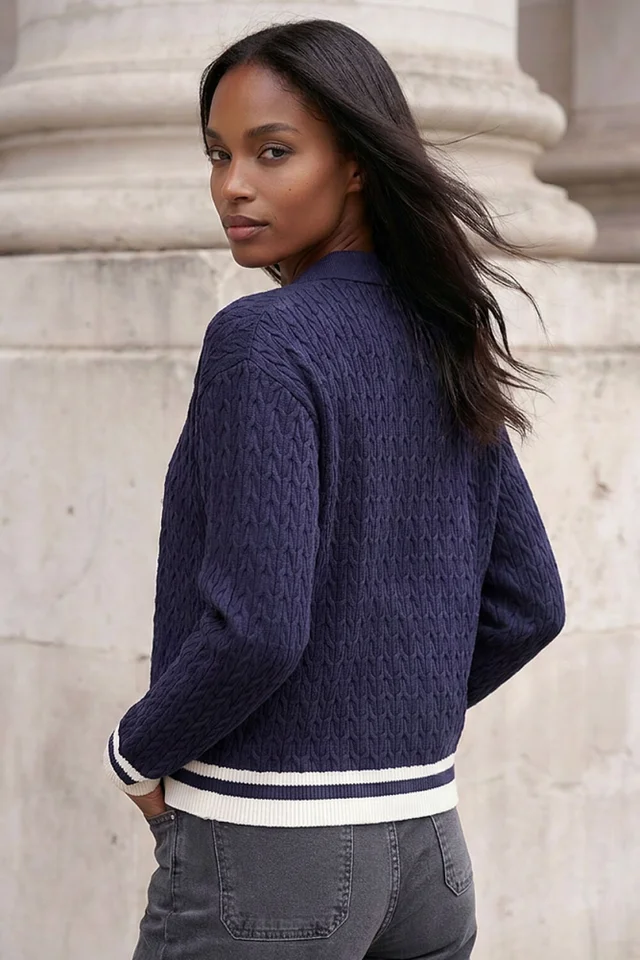 Roman Navy Cable Collared Knit Cardigan