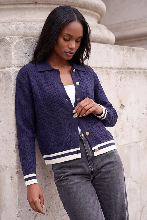 Roman Navy Cable Collared Knit Cardigan - 12 Image 1