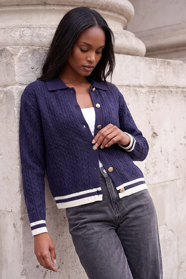 Roman Navy Cable Collared Knit Cardigan