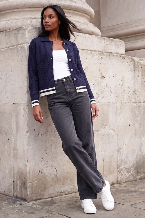 Roman Navy Cable Collared Knit Cardigan - 12 Image 3