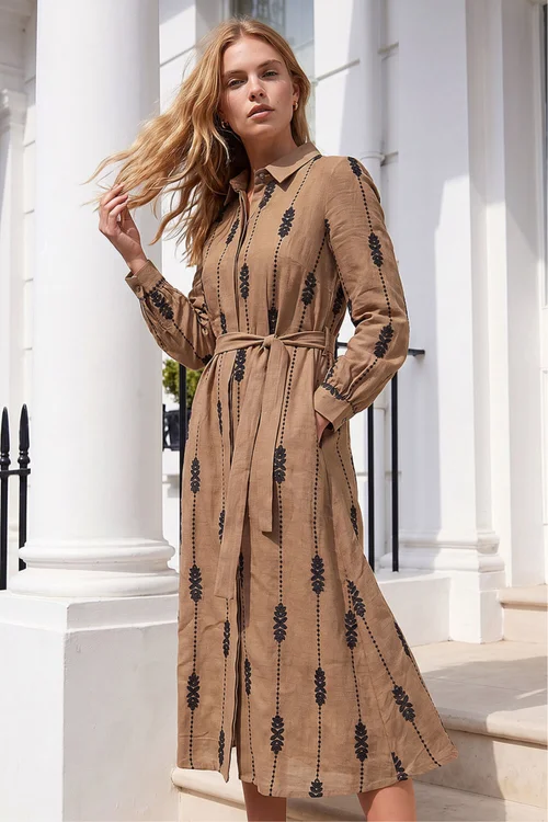 Roman Taupe Embroidered Belted Midi Dress - 16 Image 1