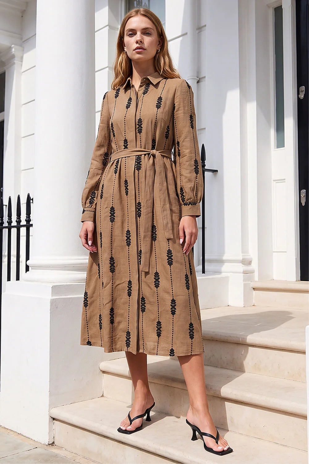 Roman Taupe Embroidered Belted Midi Dress - 16 Image 3