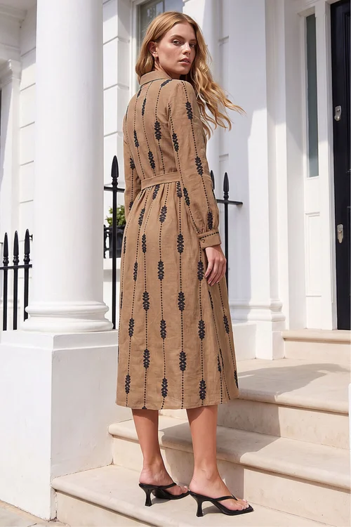 Roman Taupe Embroidered Belted Midi Dress - 16 Image 2