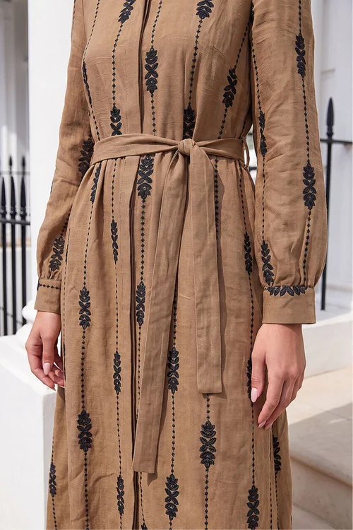 Roman Taupe Embroidered Belted Midi Dress - 16 Image 4