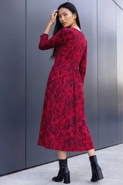 Roman Red Abstract Side Ruched Midi Dress - 12 Image 3