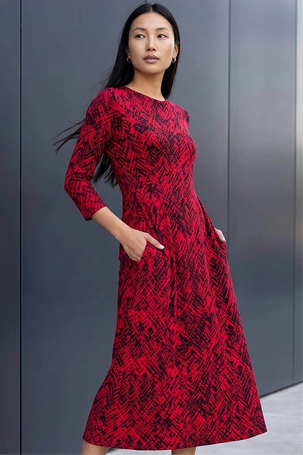 Roman Red Abstract Side Ruched Midi Dress - 12 Image 1