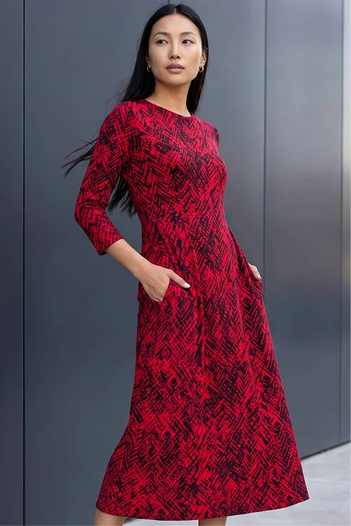 Roman Red Abstract Side Ruched Midi Dress - 12 Image 1