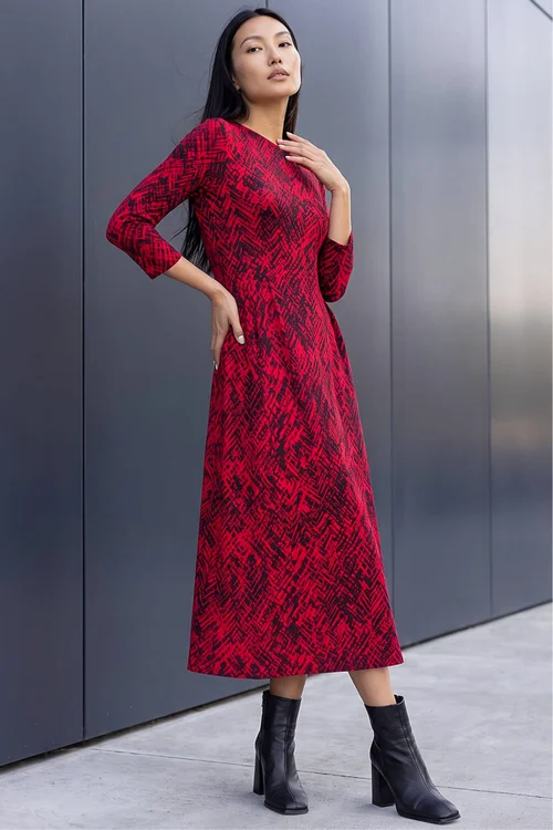 Roman Red Abstract Side Ruched Midi Dress - 12 Image 2