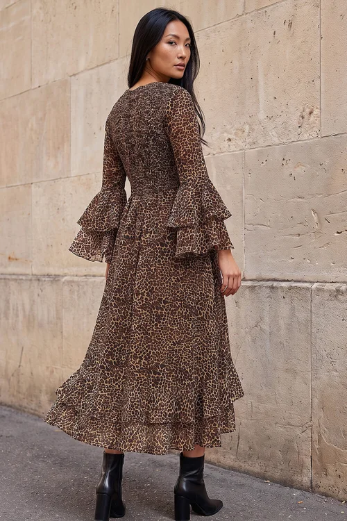 Roman Tan Animal Print Frill Sleeve Midi Dress - 10 Image 2