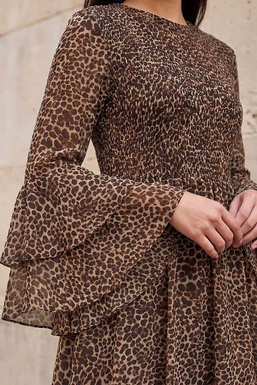 Roman Tan Animal Print Frill Sleeve Midi Dress - 10 Image 4