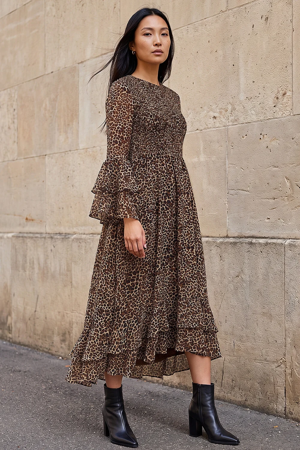 Roman Tan Animal Print Frill Sleeve Midi Dress - 10 Image 3