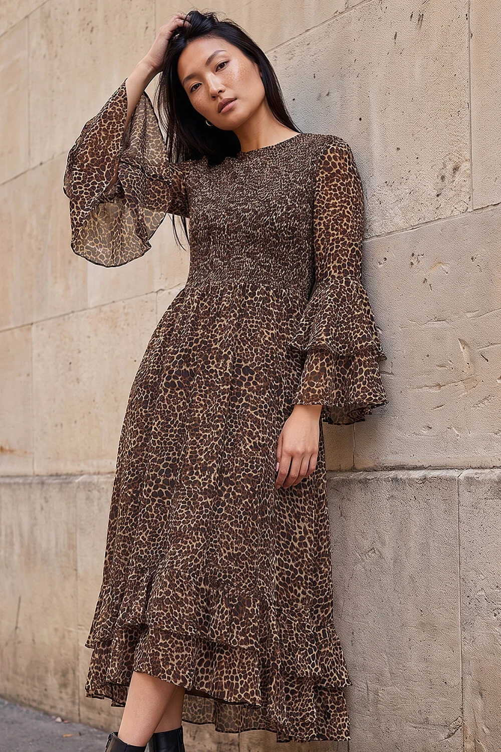 Roman Tan Animal Print Frill Sleeve Midi Dress - 10 Image 1