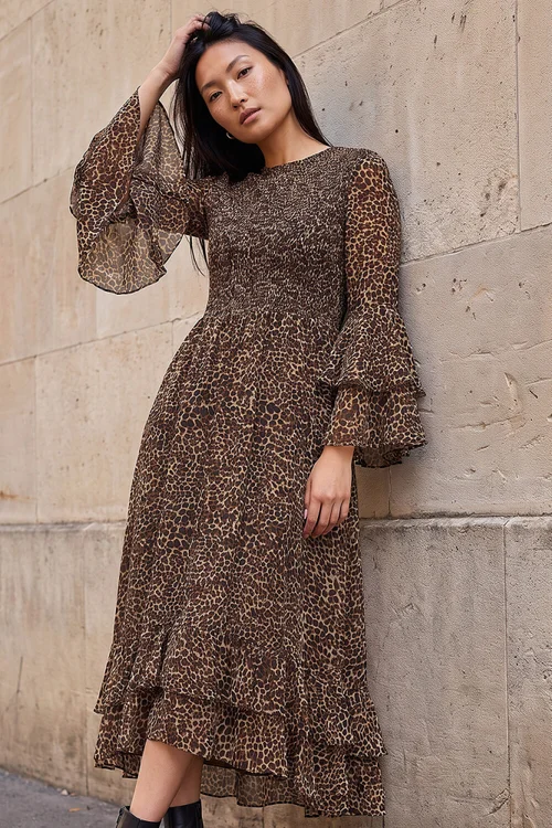 Roman Tan Animal Print Frill Sleeve Midi Dress - 10 Image 1