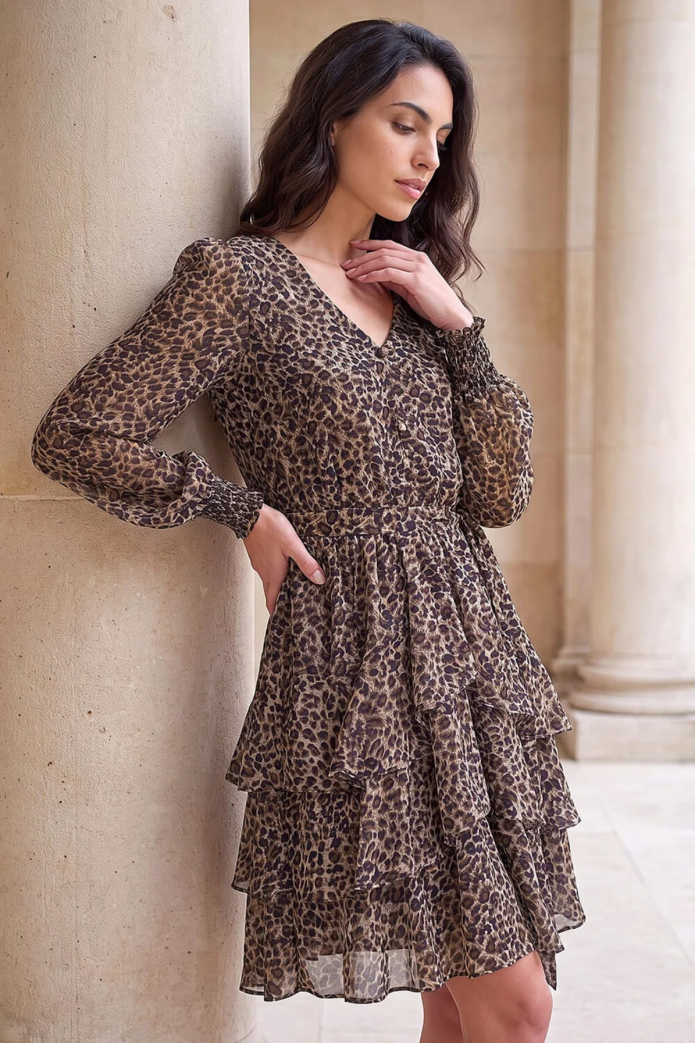 Dusk Camel Animal Print Tie Waist Dress - 8 Image 1