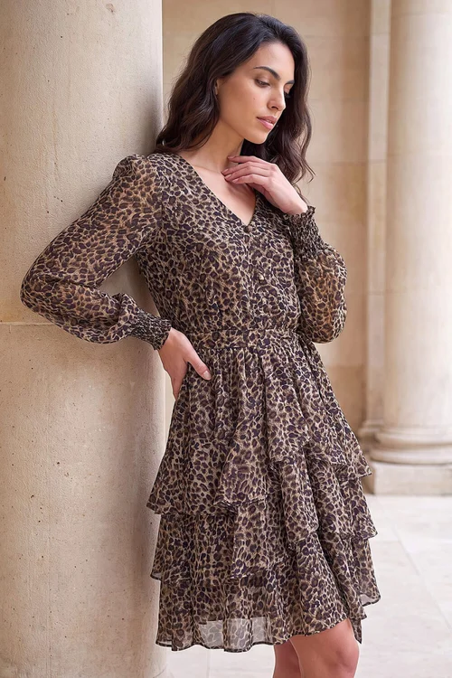Dusk Camel Animal Print Tie Waist Dress - 8 Image 1