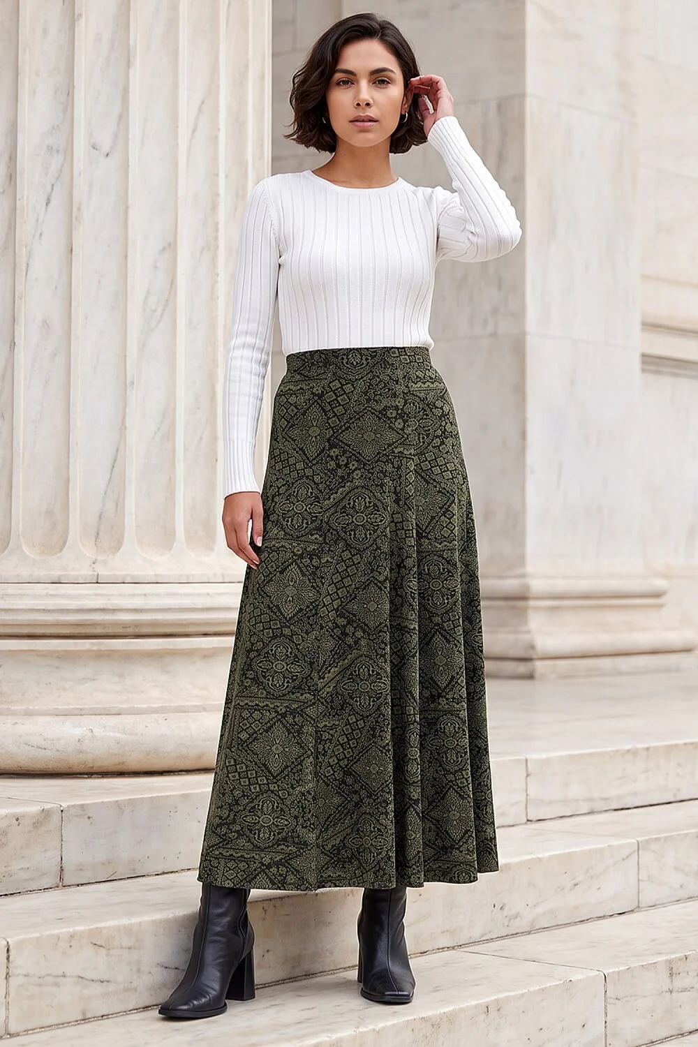 Roman Khaki Abstract Midi Skirt - 10 Image 2