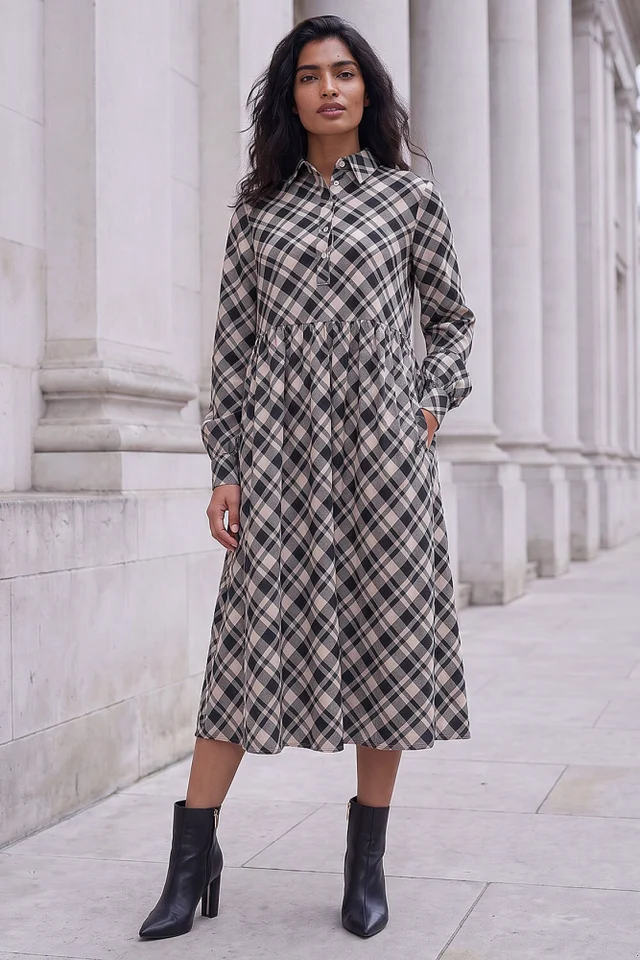Roman Ivory Check Midi Shirt Dress