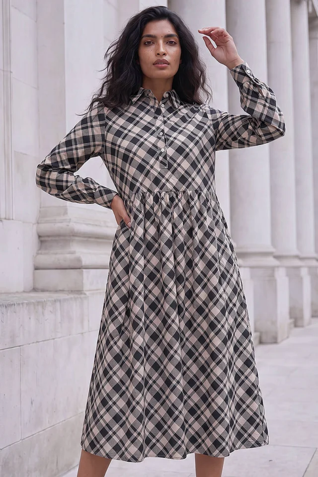 Roman Ivory Check Midi Shirt Dress