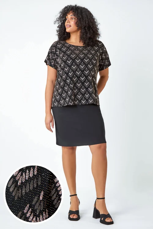 Roman Bronze Curve Glitter Embellished Contrast Stretch Shift Dress - 22-24 Image 1