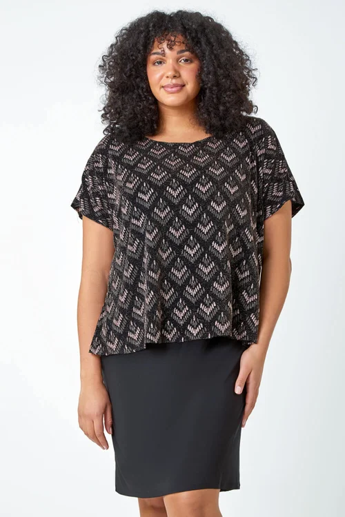 Roman Bronze Curve Glitter Embellished Contrast Stretch Shift Dress - 22-24 Image 2
