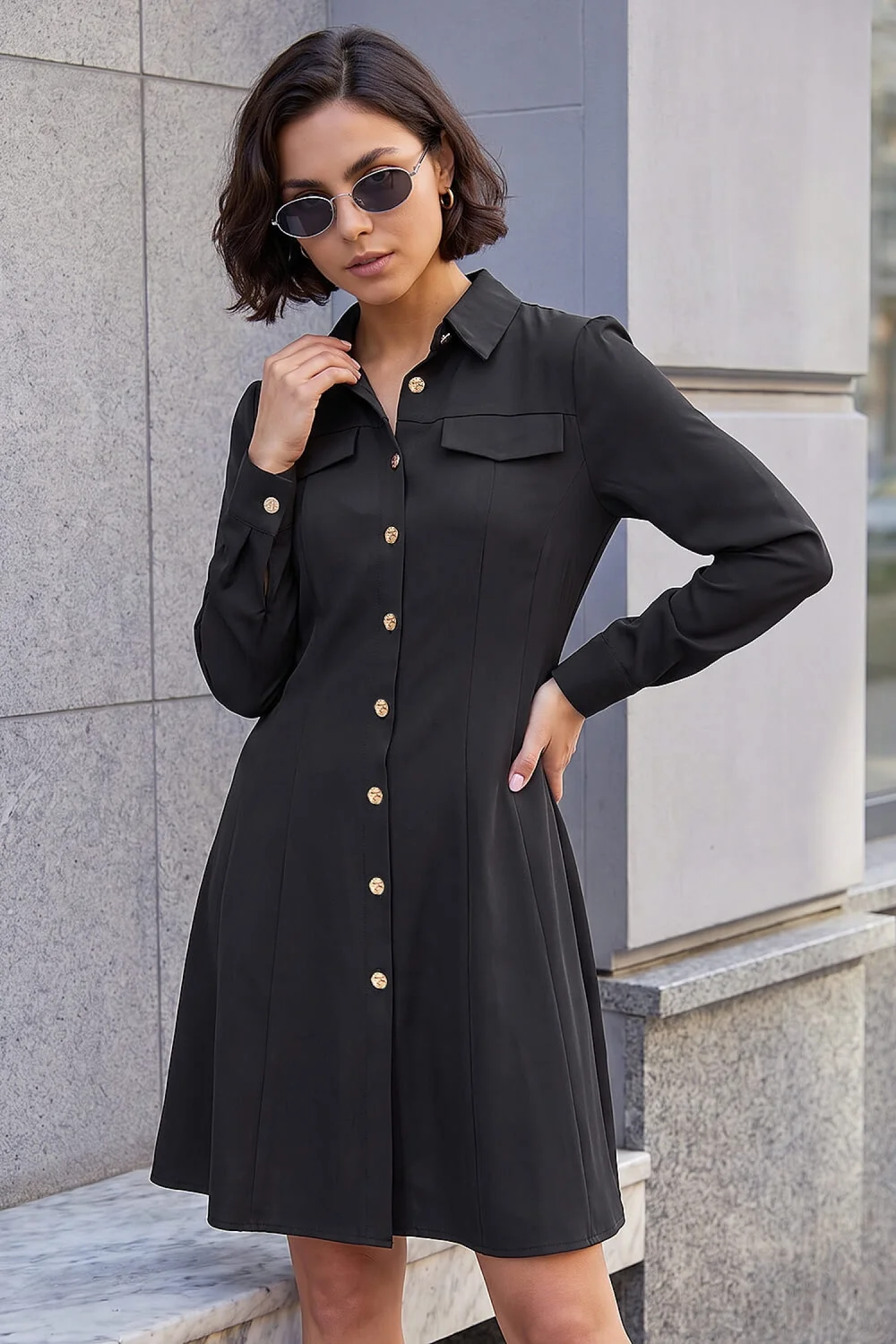 Roman Black Collared Buttoned Shirt Dress - 10 Image 1