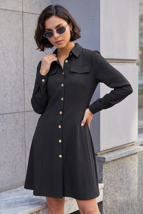 Roman Black Collared Buttoned Shirt Dress - 10 Image 1