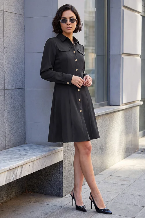 Roman Black Collared Buttoned Shirt Dress - 10 Image 3