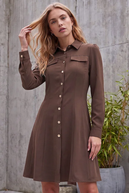 Roman Chocolate Collared Buttoned Shirt Dress - 10 Image 1