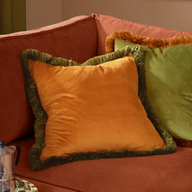 Furn Halo Fringed Velvet 50x50 Cushion Ginger/Olive