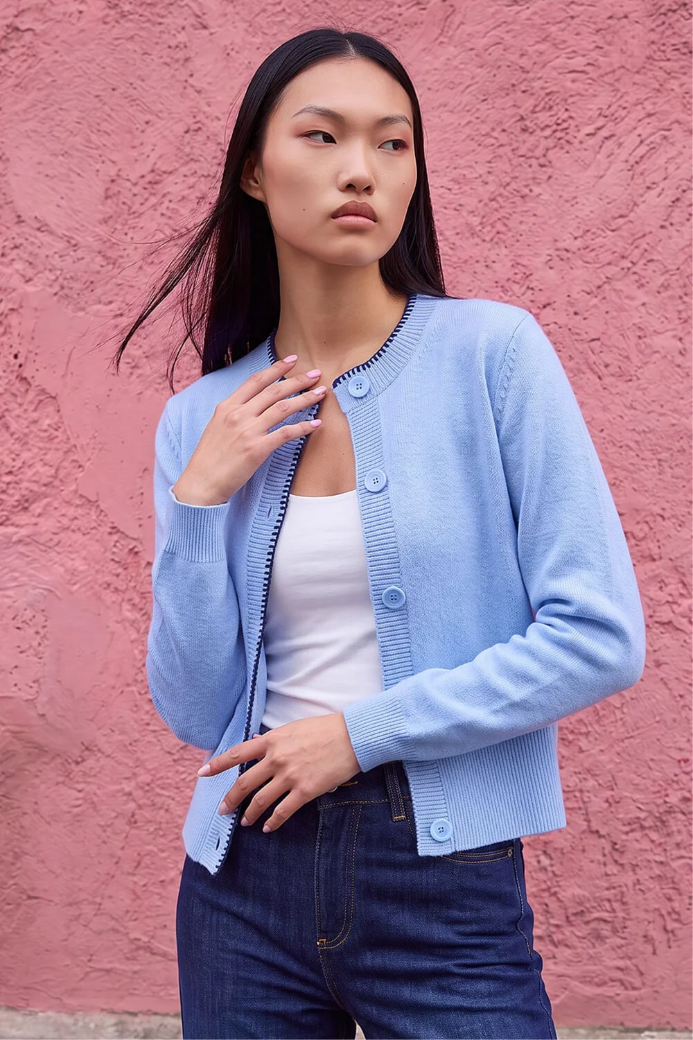 Dusk Blue Stitch Trim Knit Cardigan - 14 Image 1